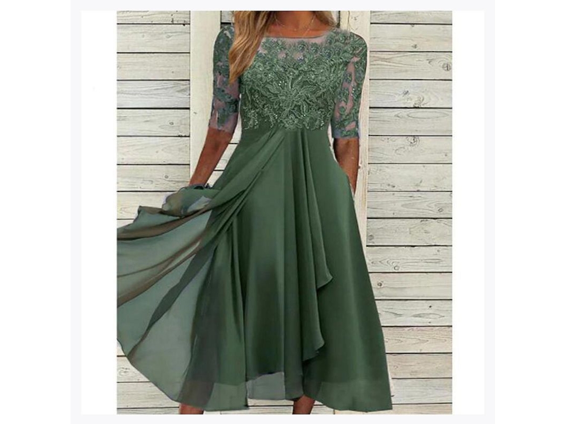 2026-vestido Midi De Encajes Con Mangas Cortas Para Eventos Especiales Boda Fiesta Casual Verano