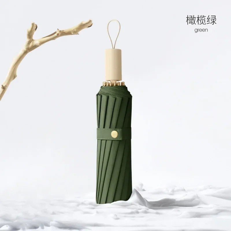Paraguas De Mujer De Color Verde Oliva, Color Liso, Protección Uv, Tamaño Grande, 16 Varillas, Plegable En 3 Partes, Resistente A La Intemperie.