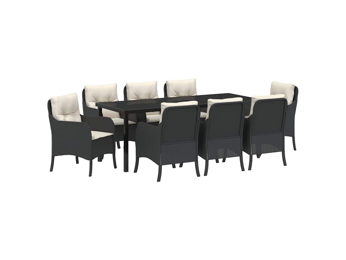Juego de comedor de 9 piezas de mimbre negro con cojines. EXCLUSIVO DE MAISON.