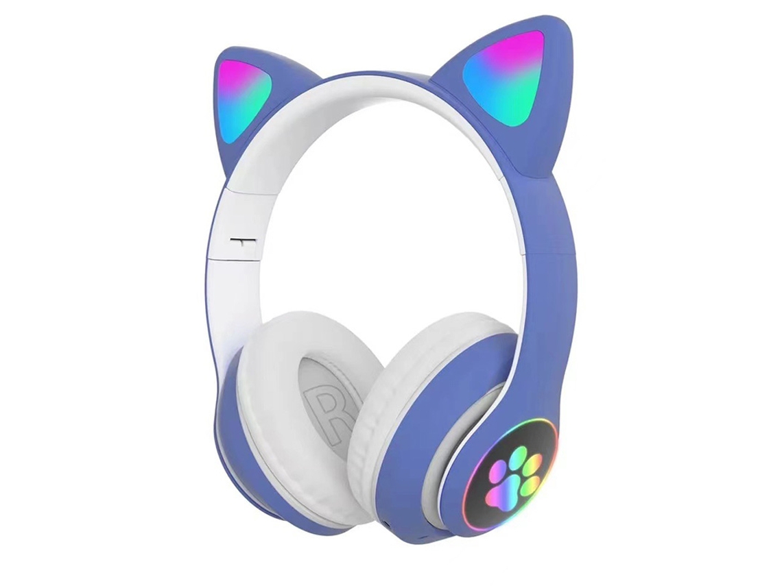 (azul) Auriculares Inalámbricos, Diseño De Orejas De Gato, Sonido Estéreo, Con Micrófono, Auriculares De Cuero Genuino