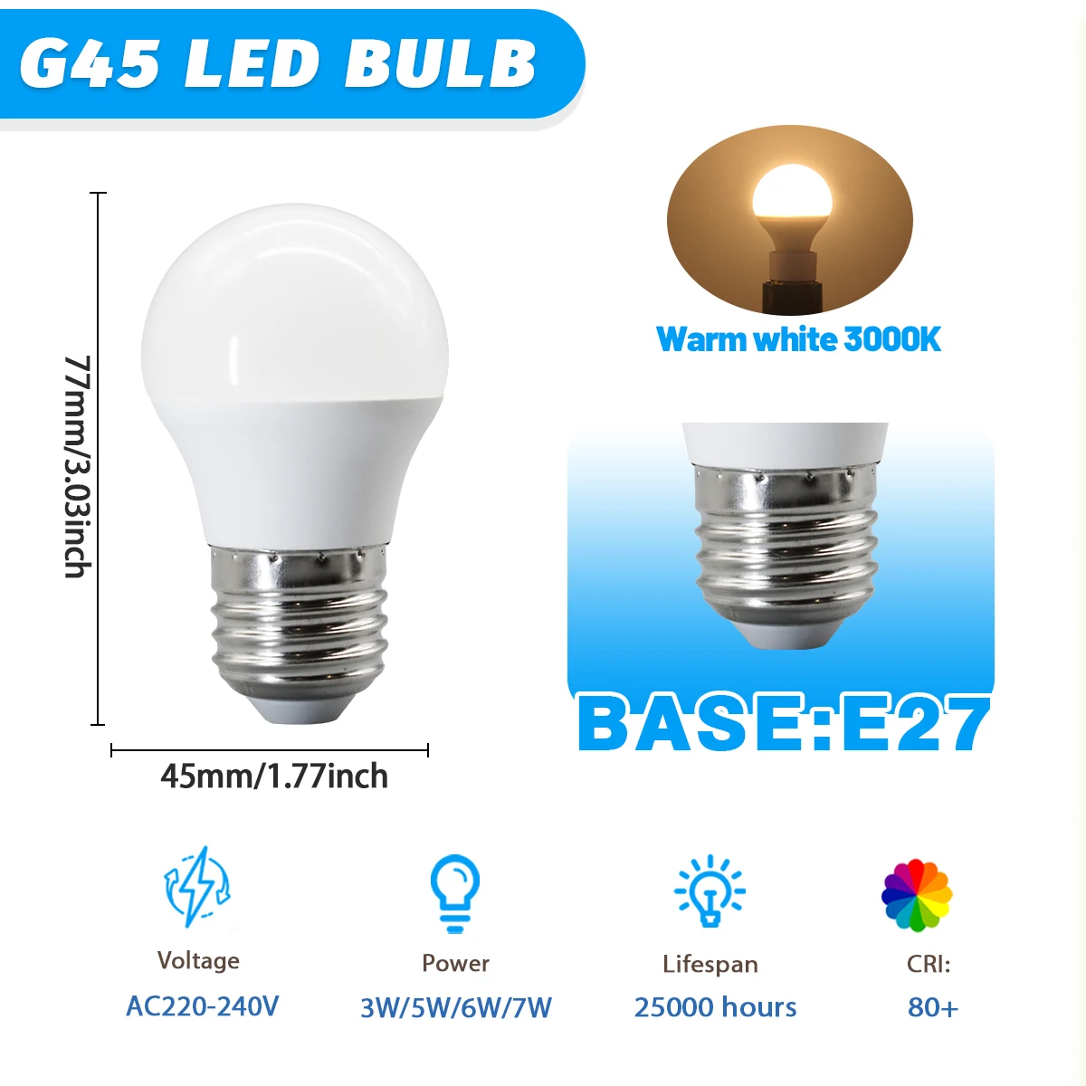 (e27 3000k, 6w) 4 Bombillas Led G45, Ac220v-240v, Sin Parpadeo, Respetuosas Con La Vista, Aptas Para Iluminación Doméstica.