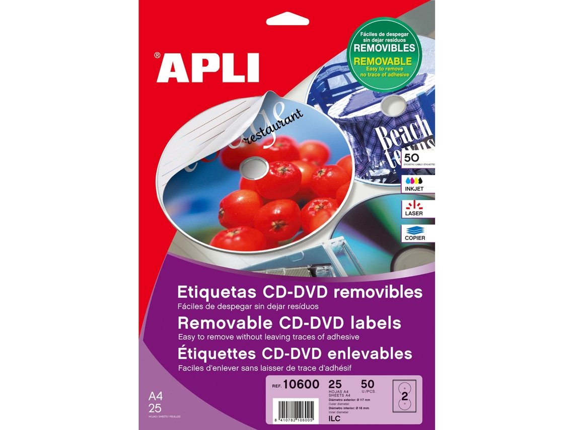 Etiquetas APLI Multimedia Cd Dvd A4 Ext (Blanco - 25 - 117 mm X Int 18 mm)
