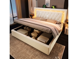Cama De Terciopelo Beige De 160x200 Cm Con Iluminación Led Tipo Diamante, Usb C Y Almacenamiento Hidráulico.