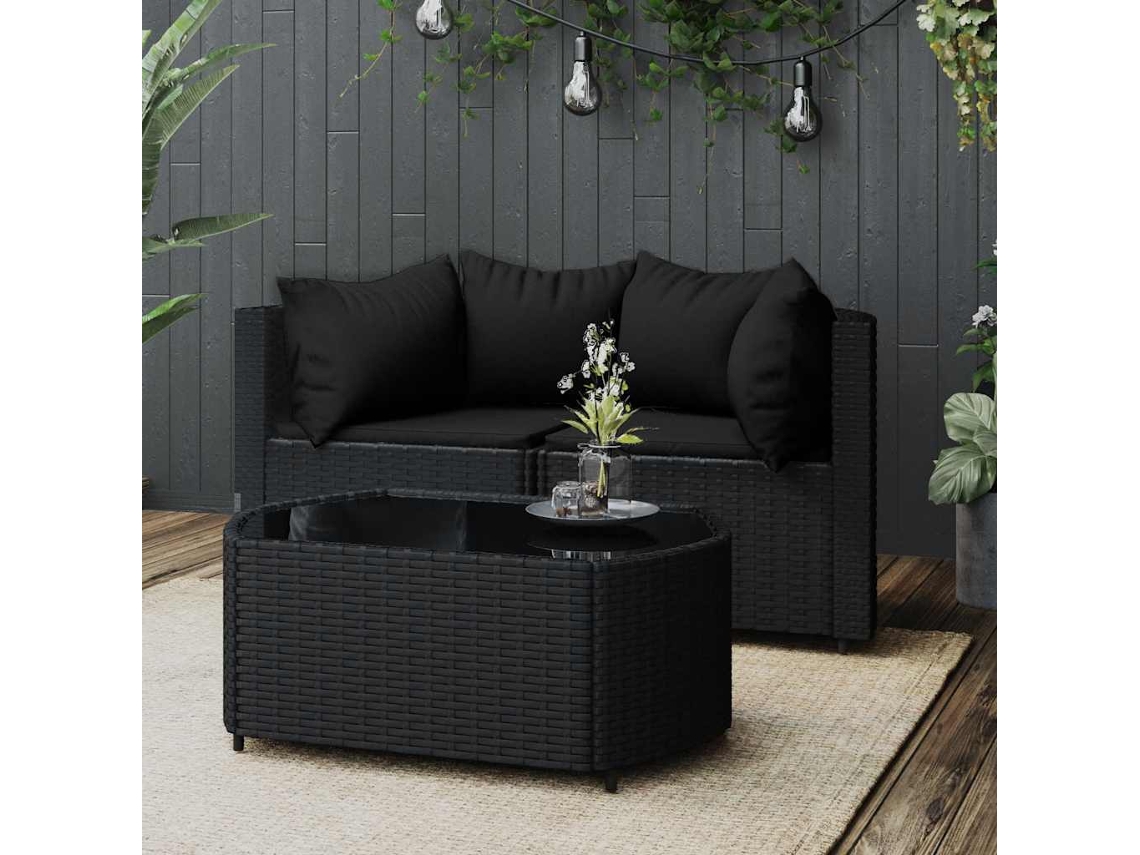 Conjunto de jardín de 3 piezas con cojines, mimbre sintético negro, DKD Home Decor