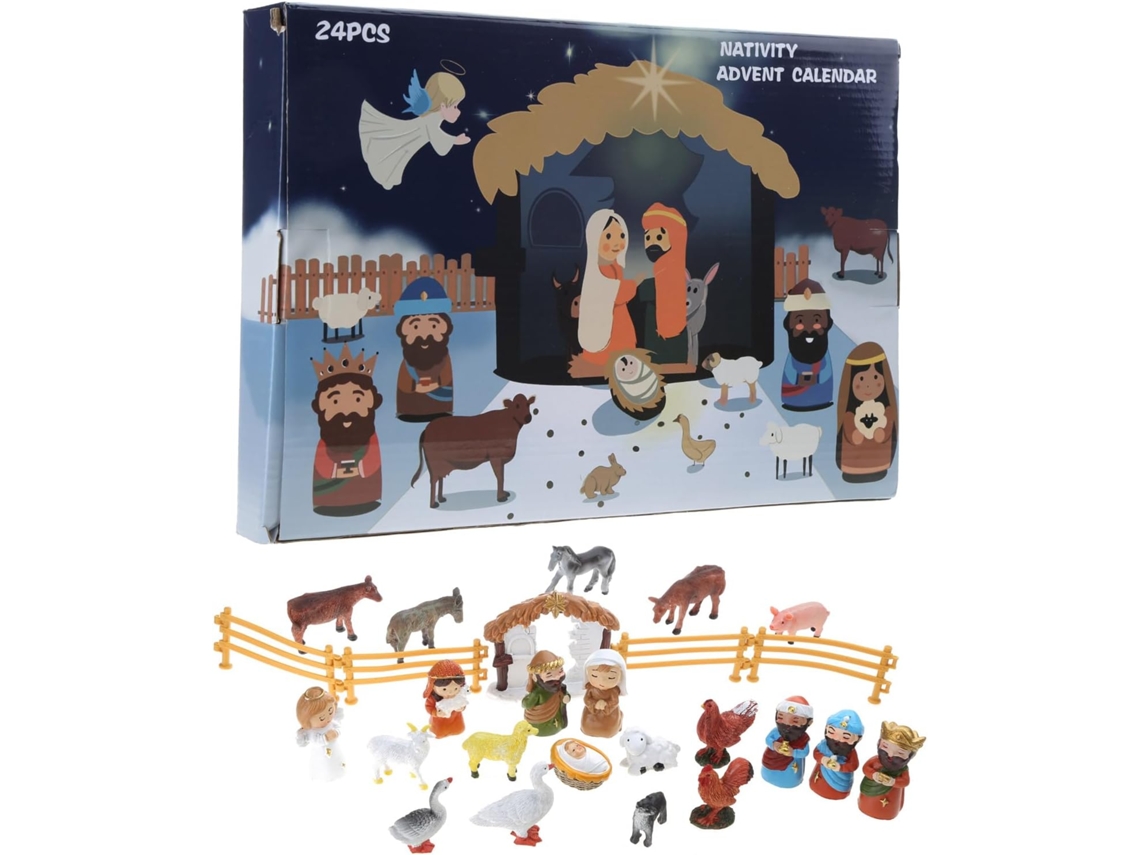 Calendario De Adviento, Belén, Navidad Con 24 Figuritas De Resina: Sagrada Familia, Reyes Magos, Niños Y