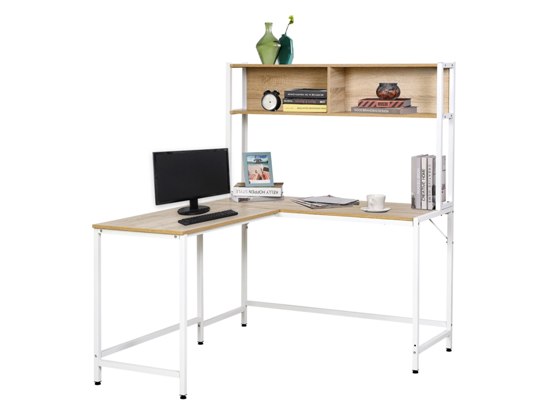 Escritorio Multifuncional En Forma De L Con Estantes De Madera.