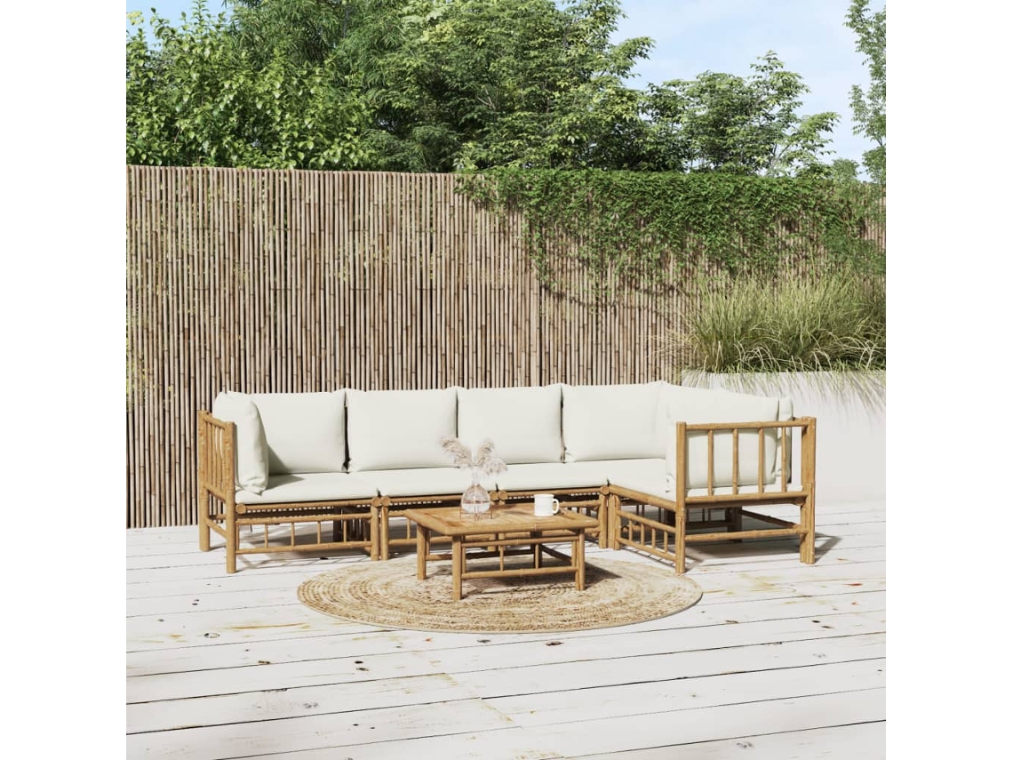 Conjunto Lounge Jardim Bamboo 6 Peças C/ Almofadões Branco Nata Dkd Home Decor