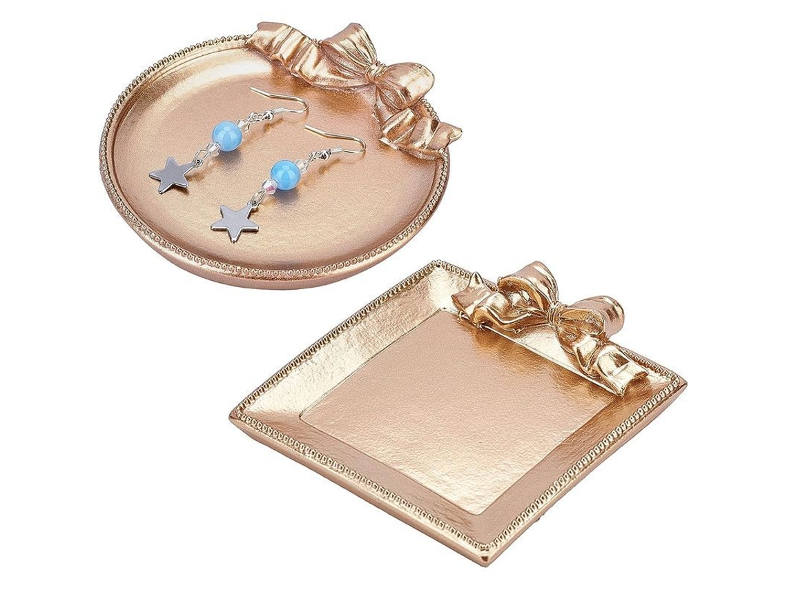 2 Bandejas De Resina Con Nudo De Moño Vintage Cuadrada Y Redonda Doradas Para Decoración Y Joyería