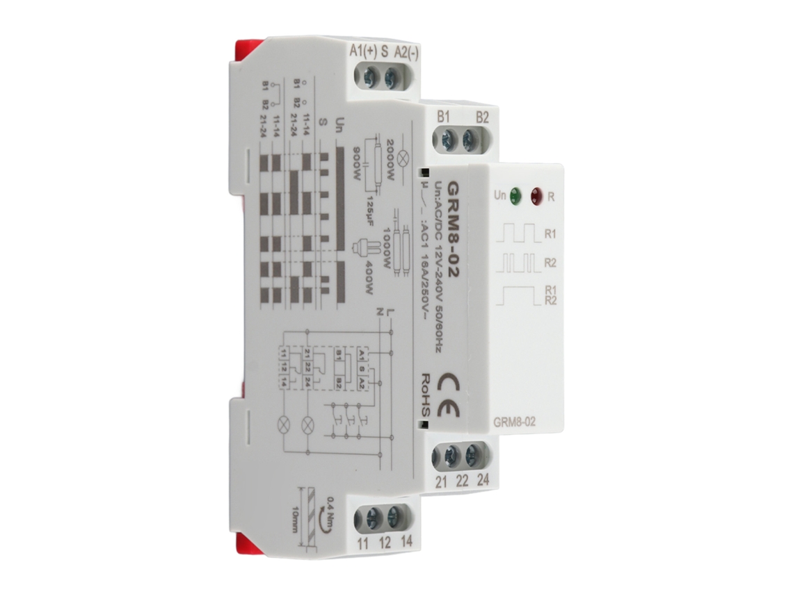 Relé De Impulso Electrónico Grm8-02 Con Memoria De Enclavamiento, 12-240 V Ca/cc, Para Montaje En Carril Din De 18 Mm.