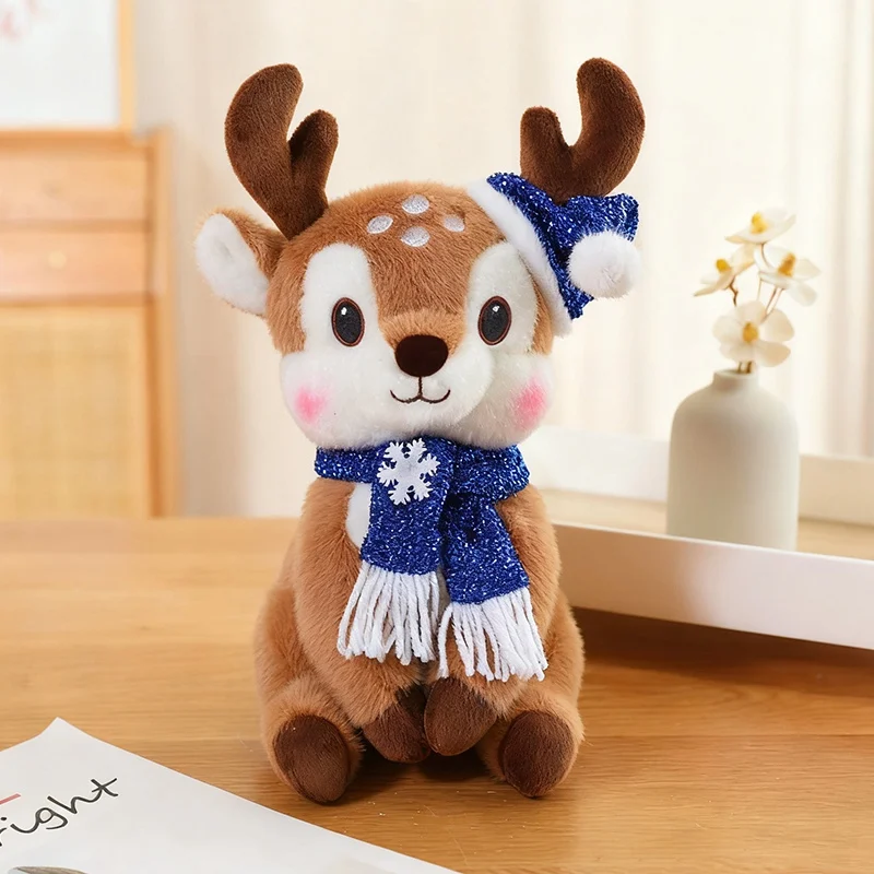 (reno Marrón, Azul, 30 Cm) Lindo Peluche De Reno Navideño, Muñeco De Reno Sentado Con Bufanda De Dibujos Animados