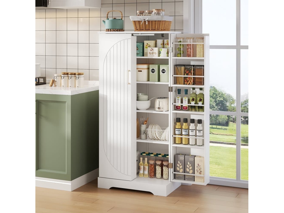 Aparador 60x35x128 Cm - Multifuncional Con Luz Led, Estantes Ajustables, Puertas Dobles - Blanco