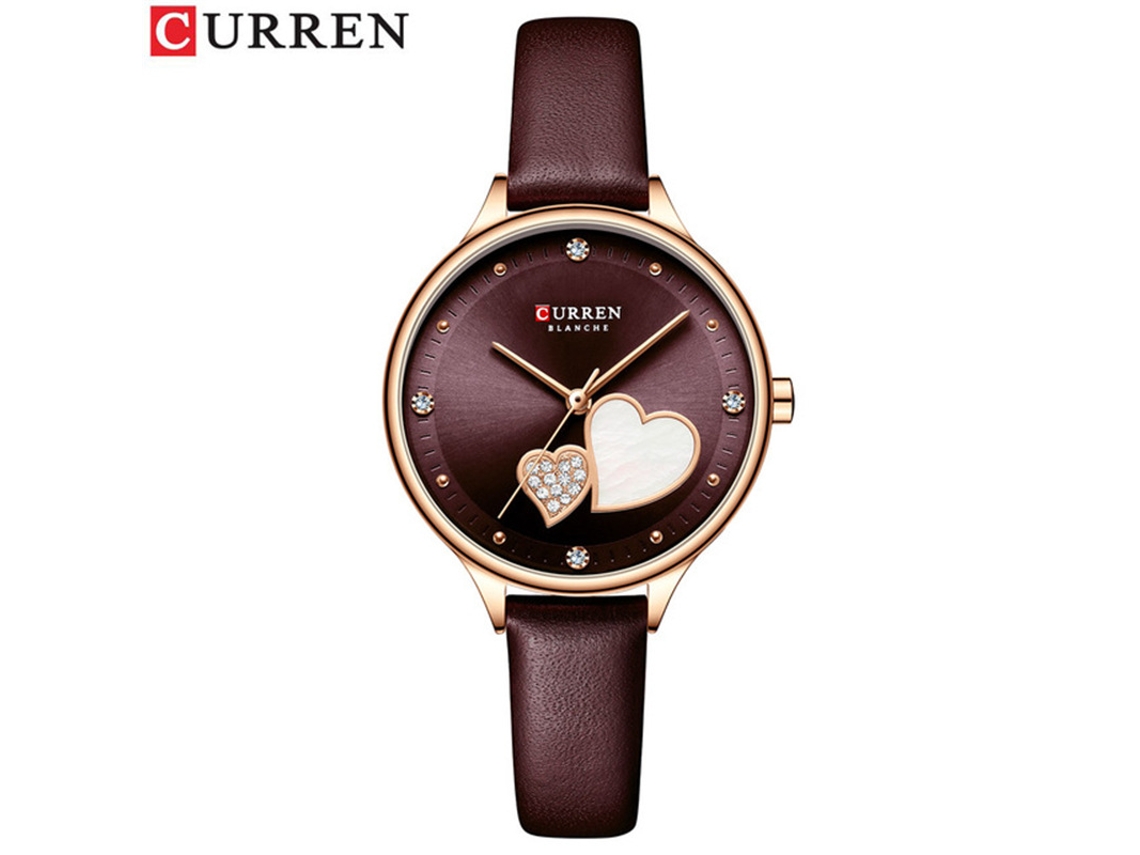 Reloj MDUG de cuarzo, resistente al agua, con correa de cuero, diamantes de imitación en forma de corazón, estilo femenino (morado oscuro)