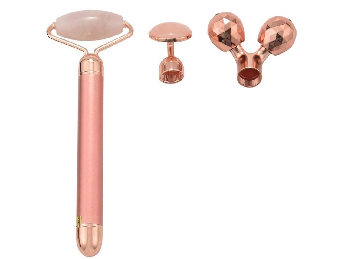 Rodillo Facial De Jade 3 En 1, Masajeador Vibrador Eléctrico, Cuarzo Y Oro Rosa.