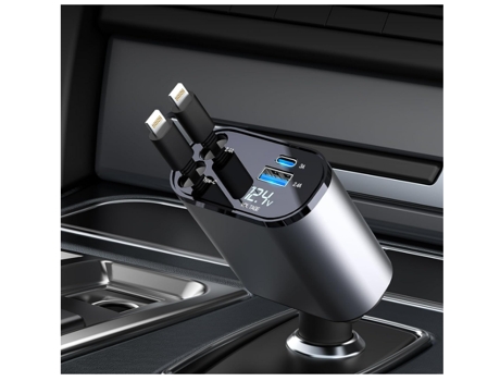 Cargador de coche retráctil rápido de 60 W para teléfono, 2 cables de cargador retráctiles para iPhone y 2 puertos USB adaptador CHRONUS