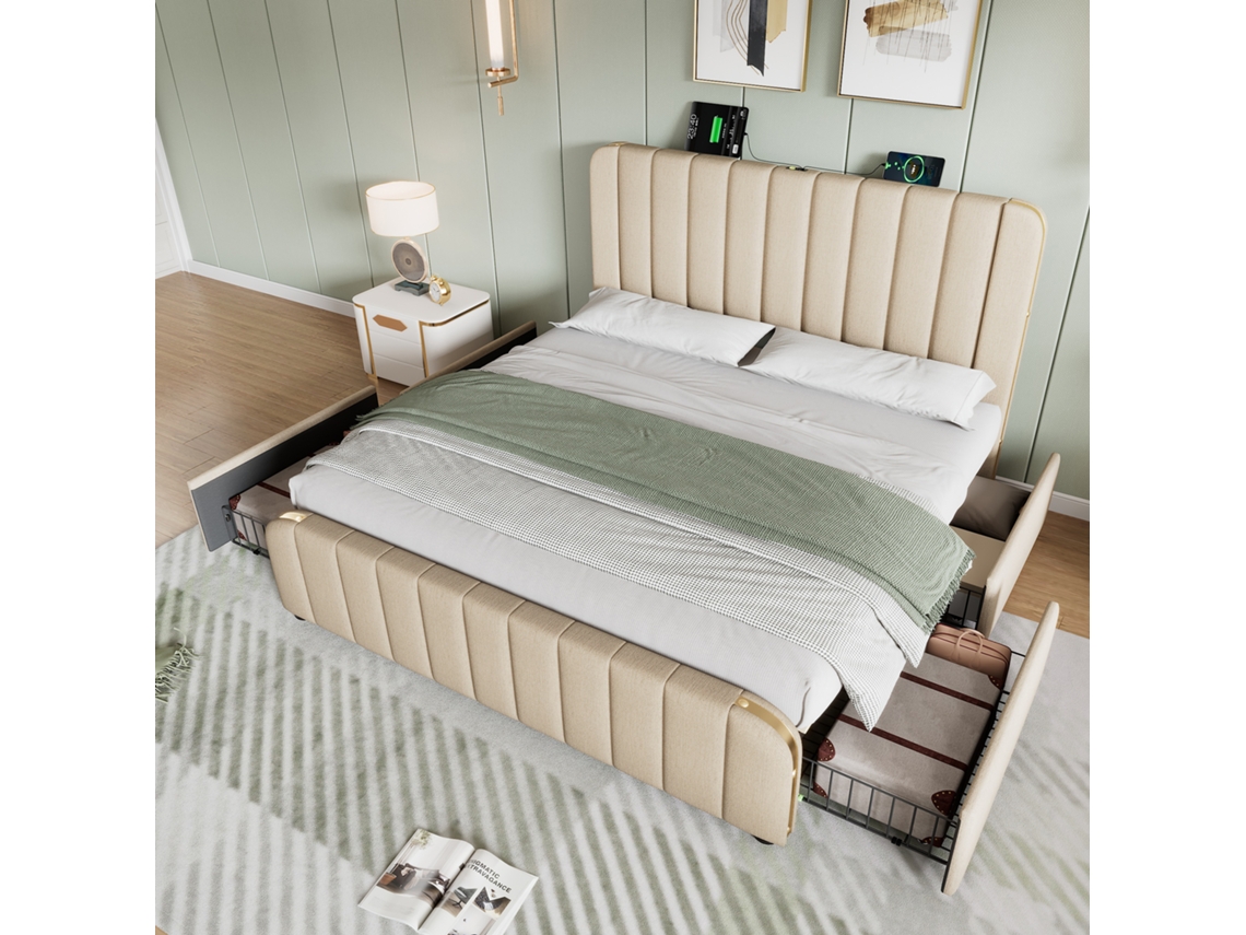 Cama Doble Color Beige, 140x200 Cm, Ribete Dorado, 4 Cajones, Elegante.
