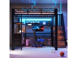 Cama Alta Metálica De 140x200 Cm, Con Escritorio, Estante, Cajón, Panel Perforado, Toma De Corriente, Luz Led, Estructura Negra, Colchón No Incluido.