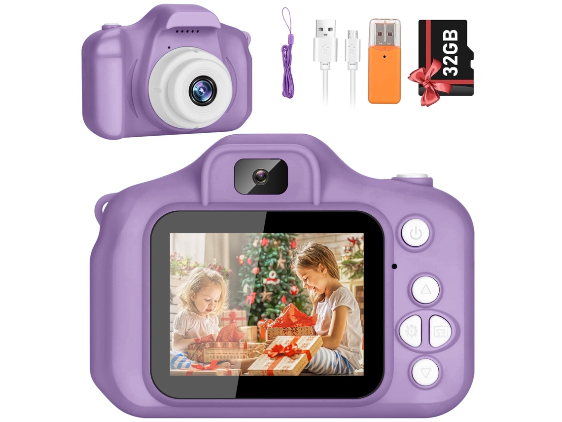 Cámara de vídeo digital para niños HD 1080p con tarjeta SD de 32 GB para niños de 3 a 12 años, color morado