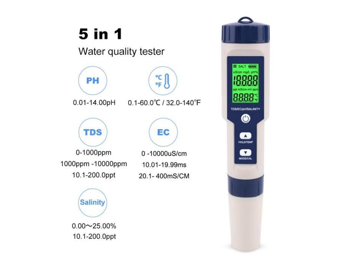 Probador de agua Digital profesional 5 en 1 Ph-Tds-Ec-salinidad-temperatura pluma multímetro DY515