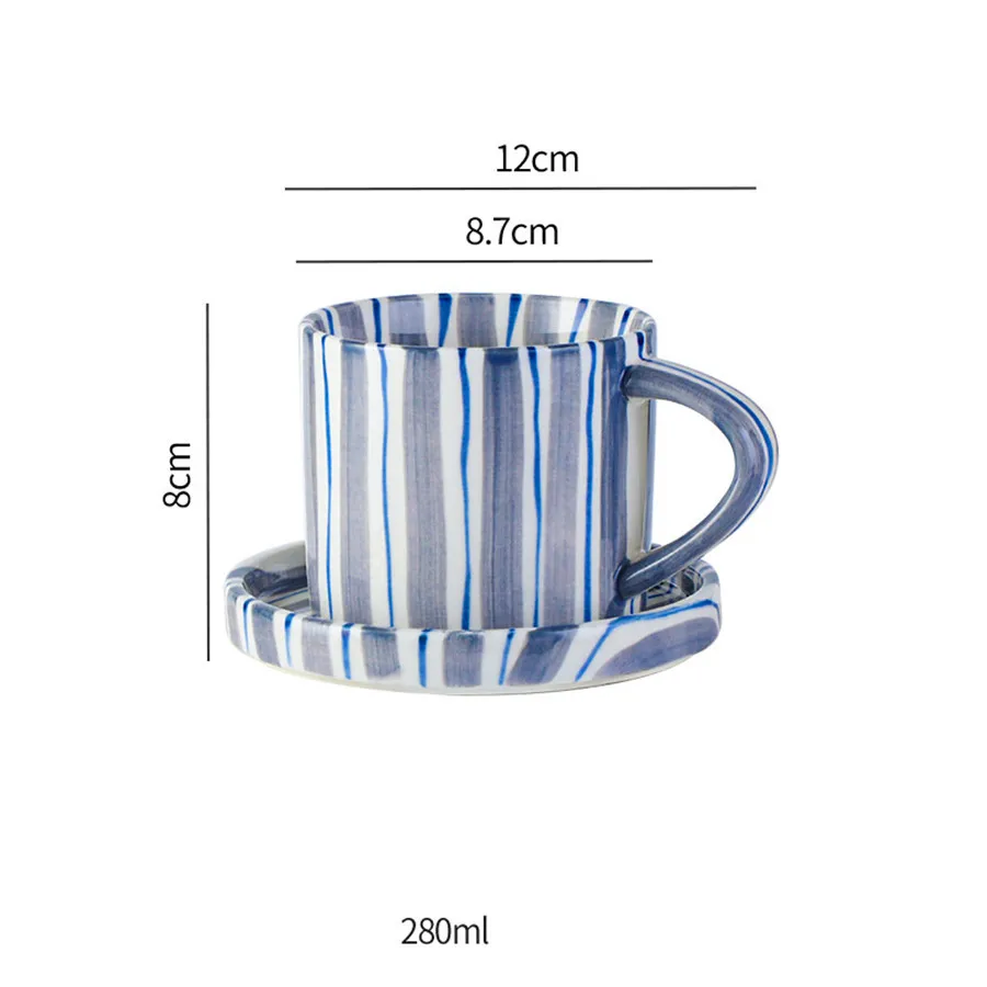 (azul 200-400ml) Juego Minimalista De Taza Y Platillo A Rayas Pintados A Mano, Taza De Cerámica Para Café Con Leche