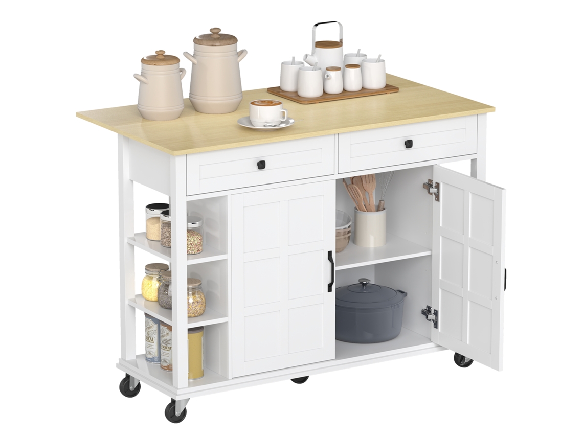 Isla De Cocina Con Ruedas, Encimera Plegable, 2 Puertas, 2 Cajones Y 6 Estantes, Color Blanco.