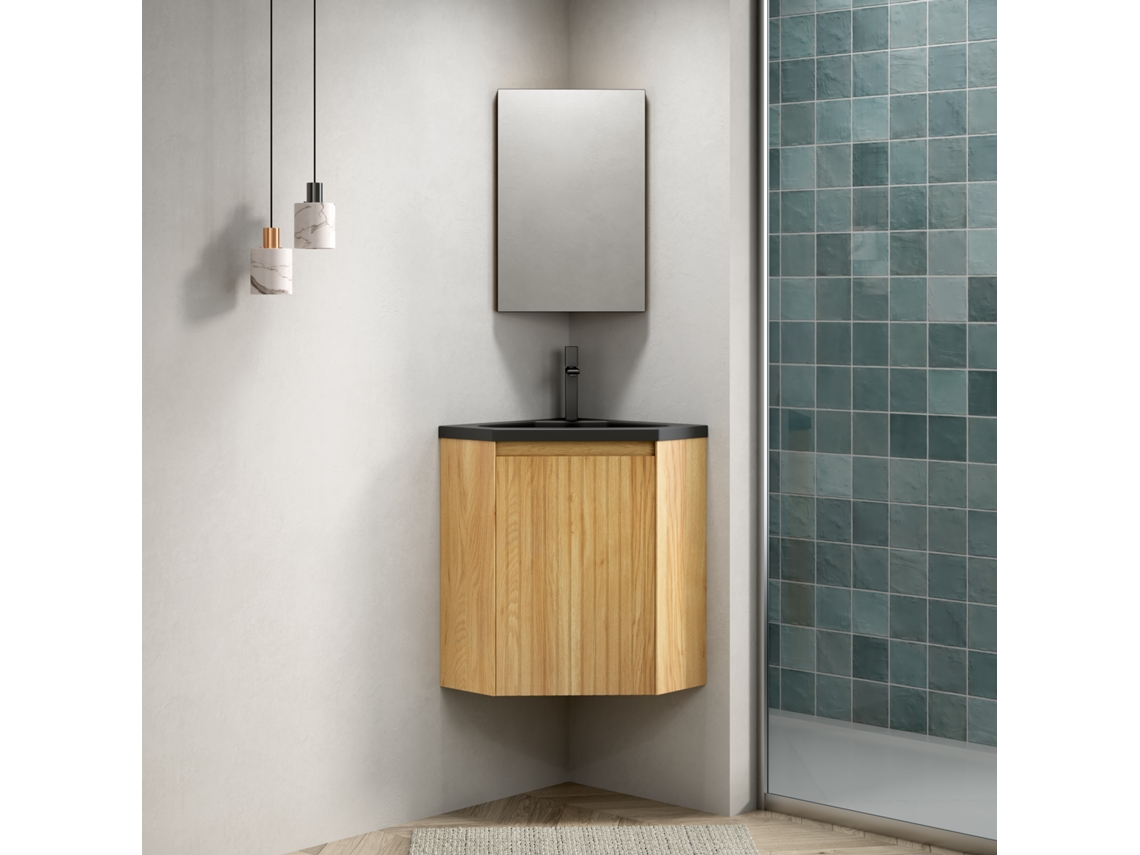 Zuri Mueble De Baño Suspendido 38 Cm Con Lavabo Integrado De Resina Negro Mate, Armario De Esquina
