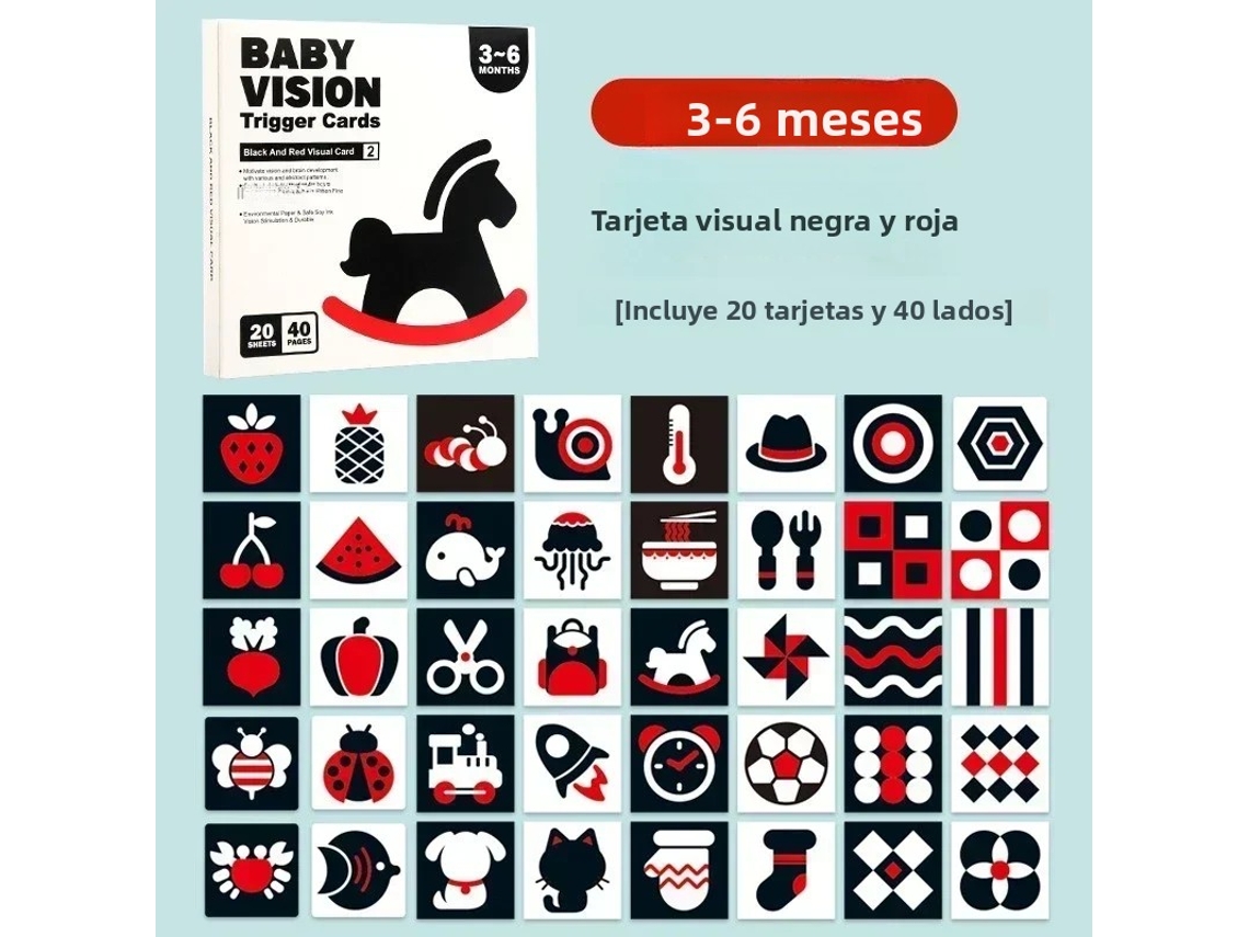 (3-6 meses) Tarjeta de estimulación visual para bebés Juguetes de aprendizaje temprano Libro de aprendizaje visual neonatal Contraste en blanco y negro