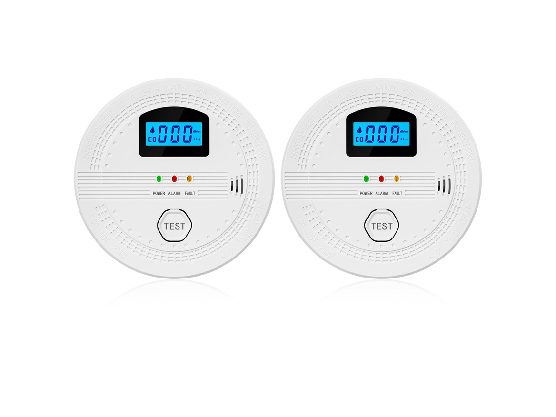 2 detectores de humo y monóxido de carbono 2 en 1 con alarma LCD. Sin marca.