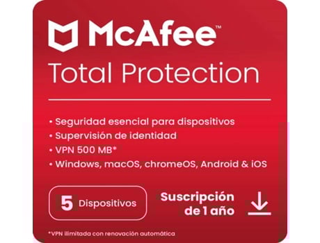 Software MCAFEE Total Protection (5 Dispositivos - 1 año - PC, Mac, Smartphone y Tablet - Formato Digital)