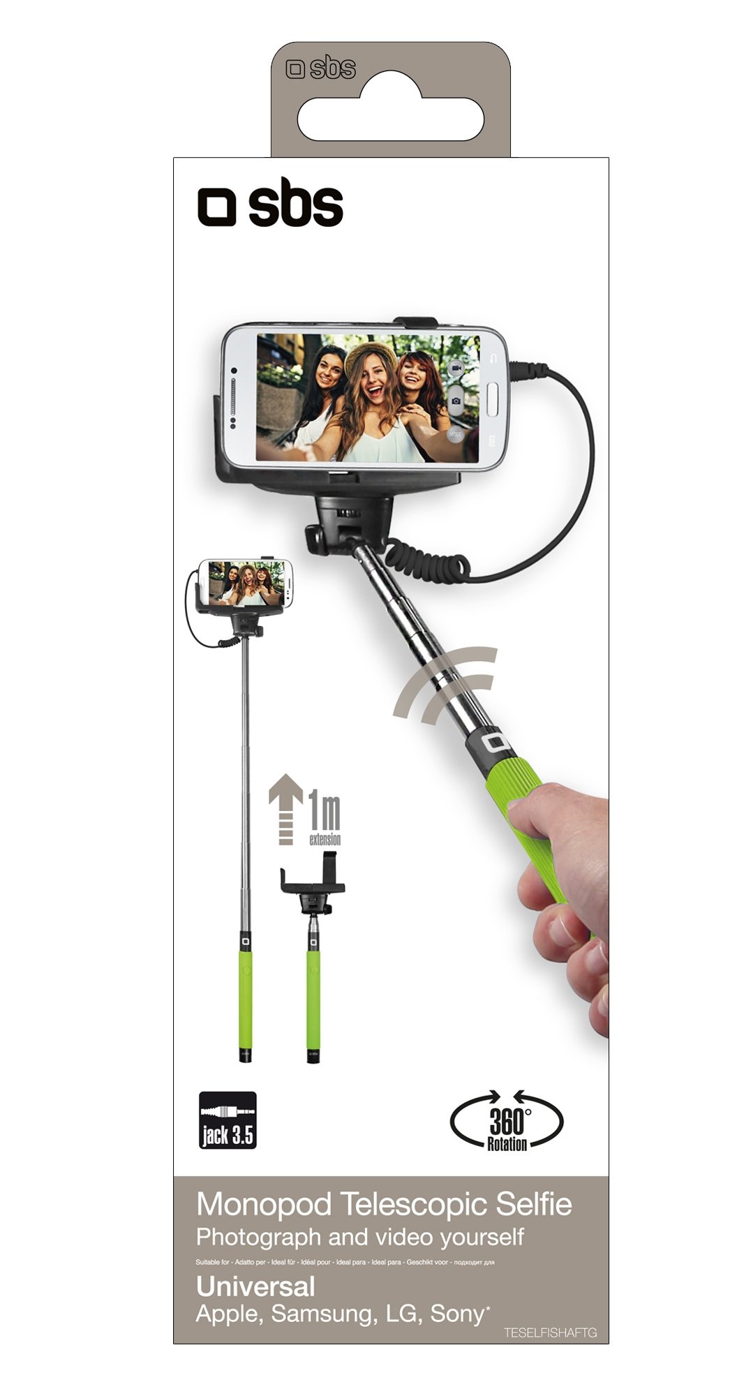 Palo Selfie Universal para smartphone cable jack 35 hasta 1 metro adaptador de goma en la barra sbs verde