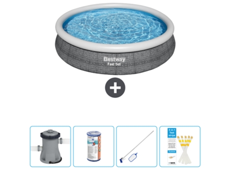Piscina hinchable redonda Fast Set BESTWAY - Estampado ratán - 366 x 76 cm - Bomba incluida Filtrar - kit de limpieza - Tiras de prueba