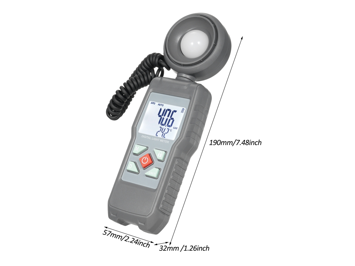 Iluminador Digital Portátil Con Cabezal Giratorio De 360°, Mide Hasta 200.000 Lux Y Temperatura Ambiente.