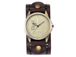 Reloj De Cuarzo Con Dial Torre Eiffel Retro De Cuero Pu Redondo Para Hombres Y Mujeres (café Oscuro)
