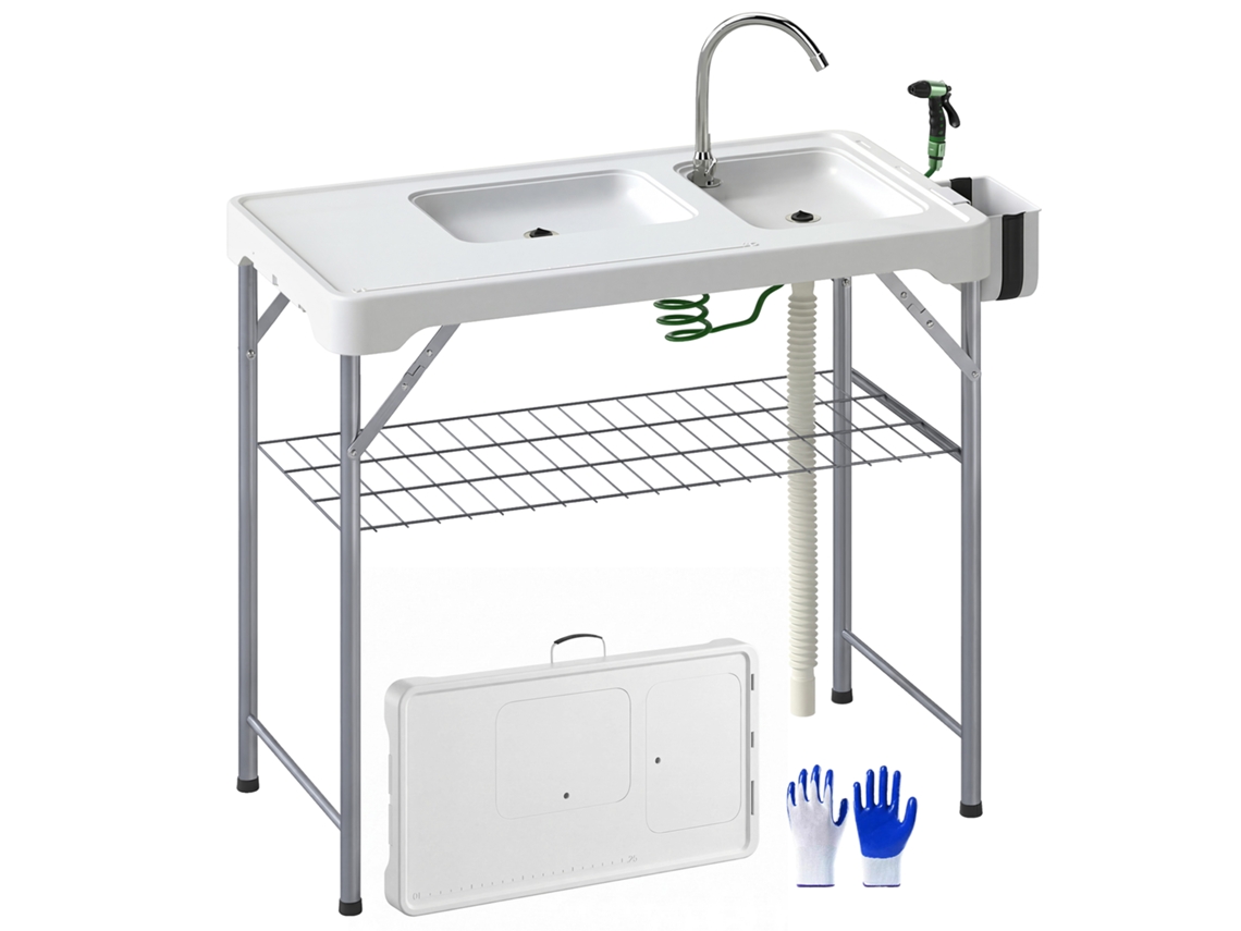 Mesa De Camping Con 2 Fregaderos, Estación De Limpieza, Manguera Y Grifo Blanco.