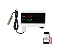 Sensor de alarma de temperatura inteligente con conexión Wi-Fi para el hogar, con pantalla digital y alertas a través de una aplicación para Android.