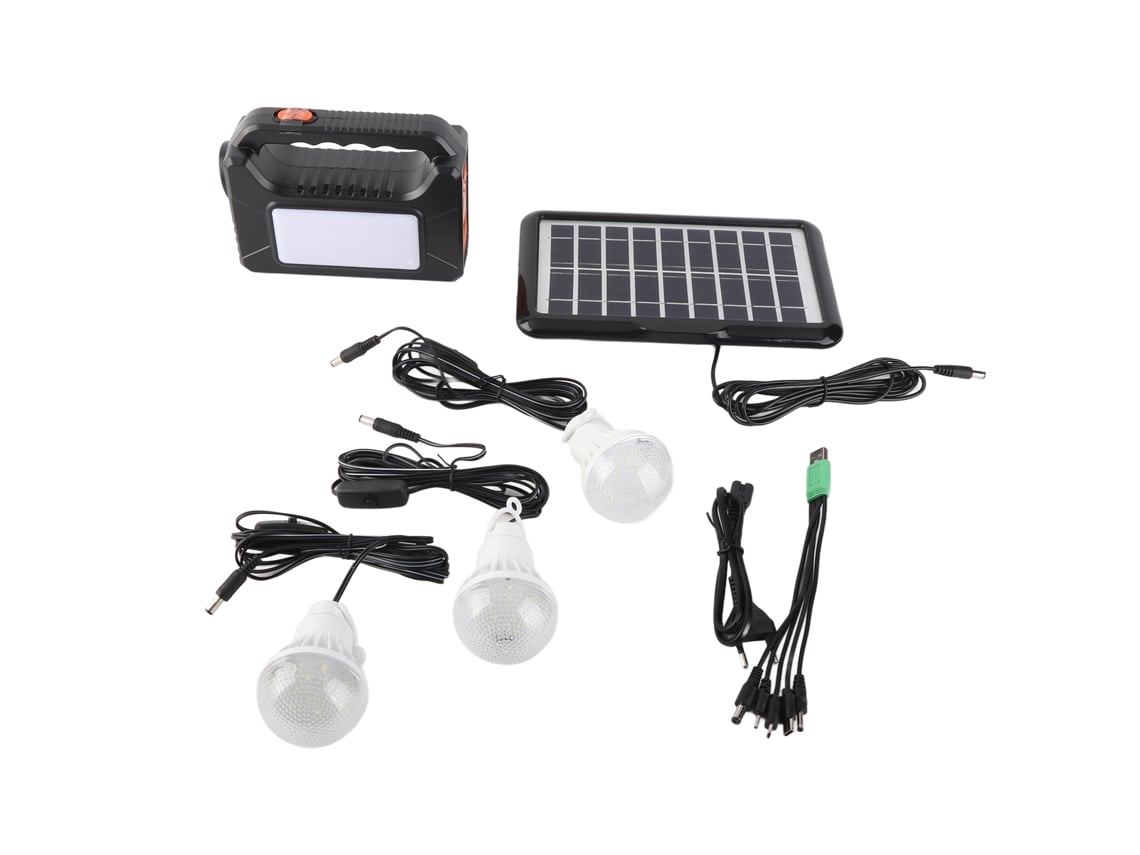 Linterna LED portátil con generador solar y paneles solares. Iluminación LED portátil, luz solar de bajo consumo con 3 bombillas para exteriores, batería recargable.
