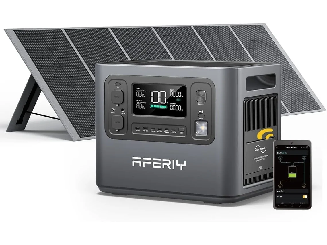 Estación de energía Aferiy de 2400 W y 2048 Wh (LiFePO4) + panel solar plegable de 400 W, 13 salidas, función UPS y aplicación.