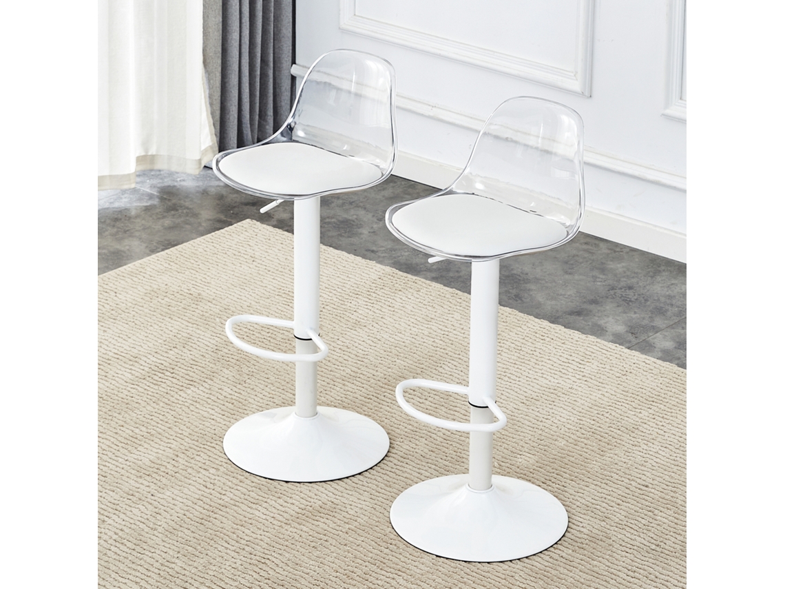 Juego de 2 taburetes de bar - Altura ajustable de 82 a 104 cm, respaldo transparente, giro de 360° - Blanco/Transparente