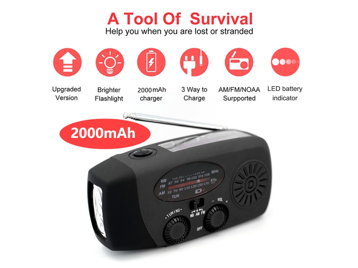 Generador solar de emergencia con manivela, radio portátil AM/FM/NOAA, linterna LED, alarma SOS y batería externa de 2000/5000/10000 mAh. Viewleaf