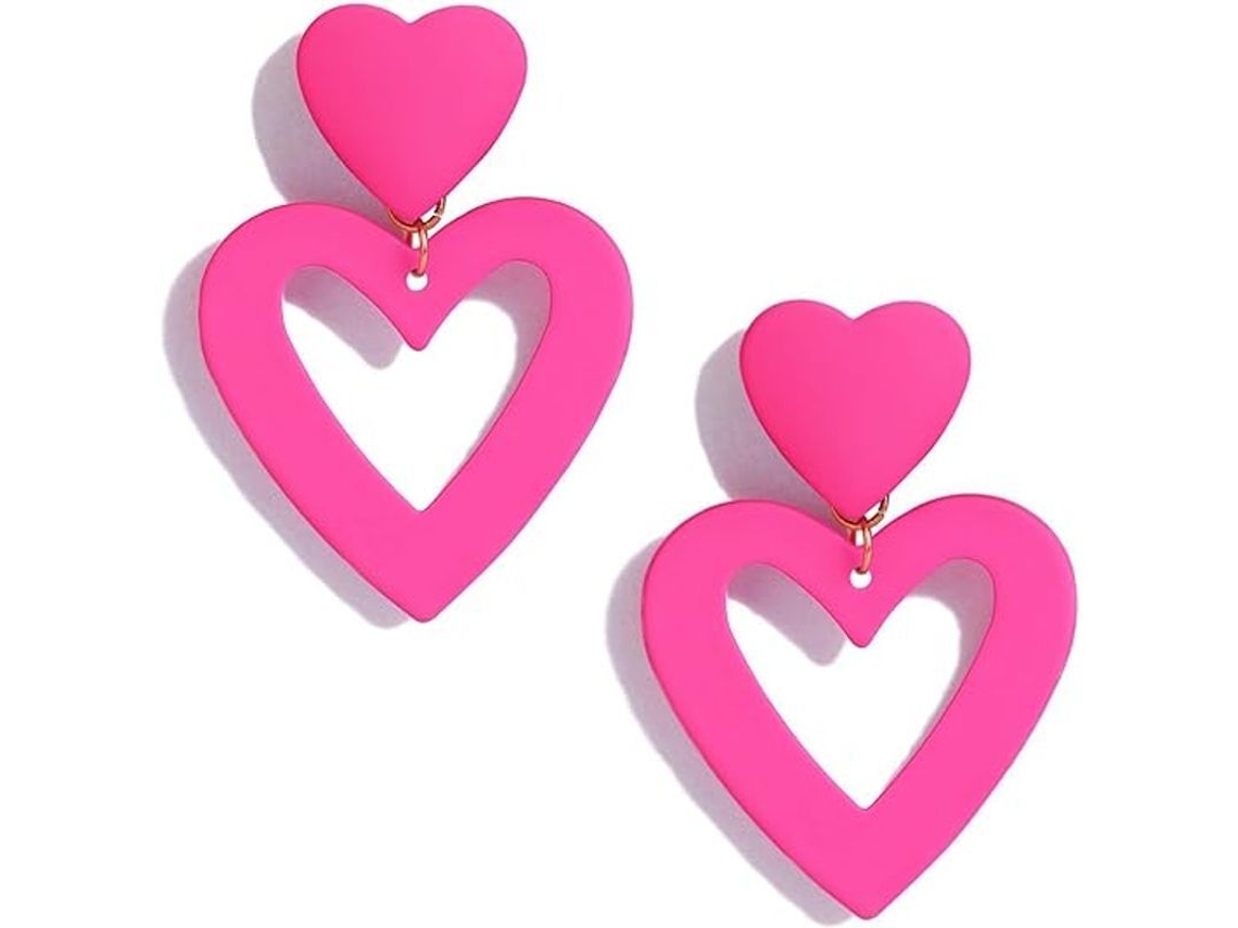 Pendientes Colgantes De Doble Corazón En Rosa Fucsia Para Mujer - Regalo Ideal Para San Valentín Y El Día De La Madre.