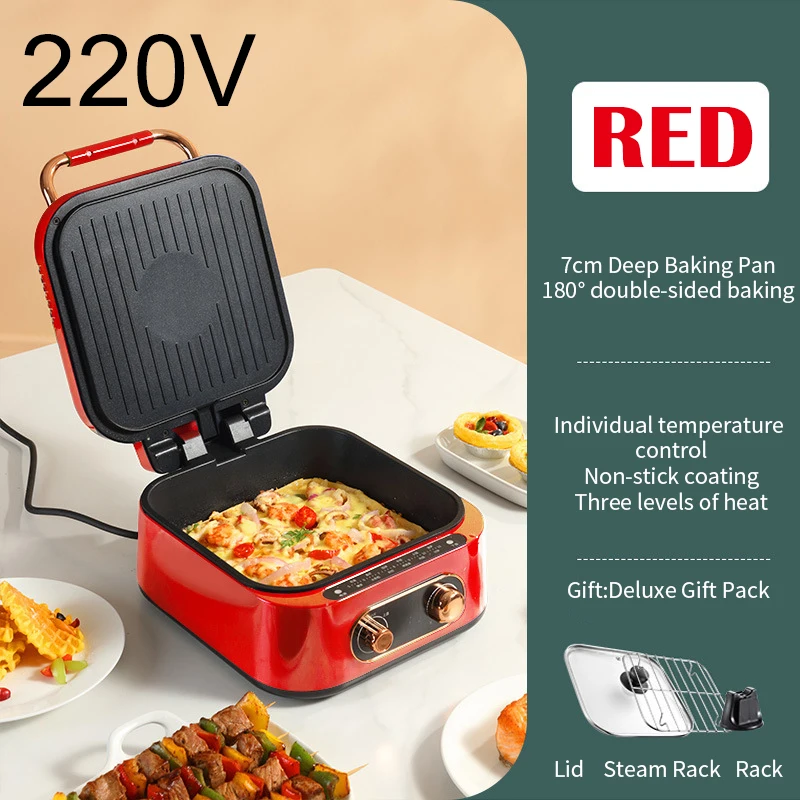 (Rojo) Parrilla multifuncional con temporizador, antiadherente, calefacción suspendida, de doble cara
