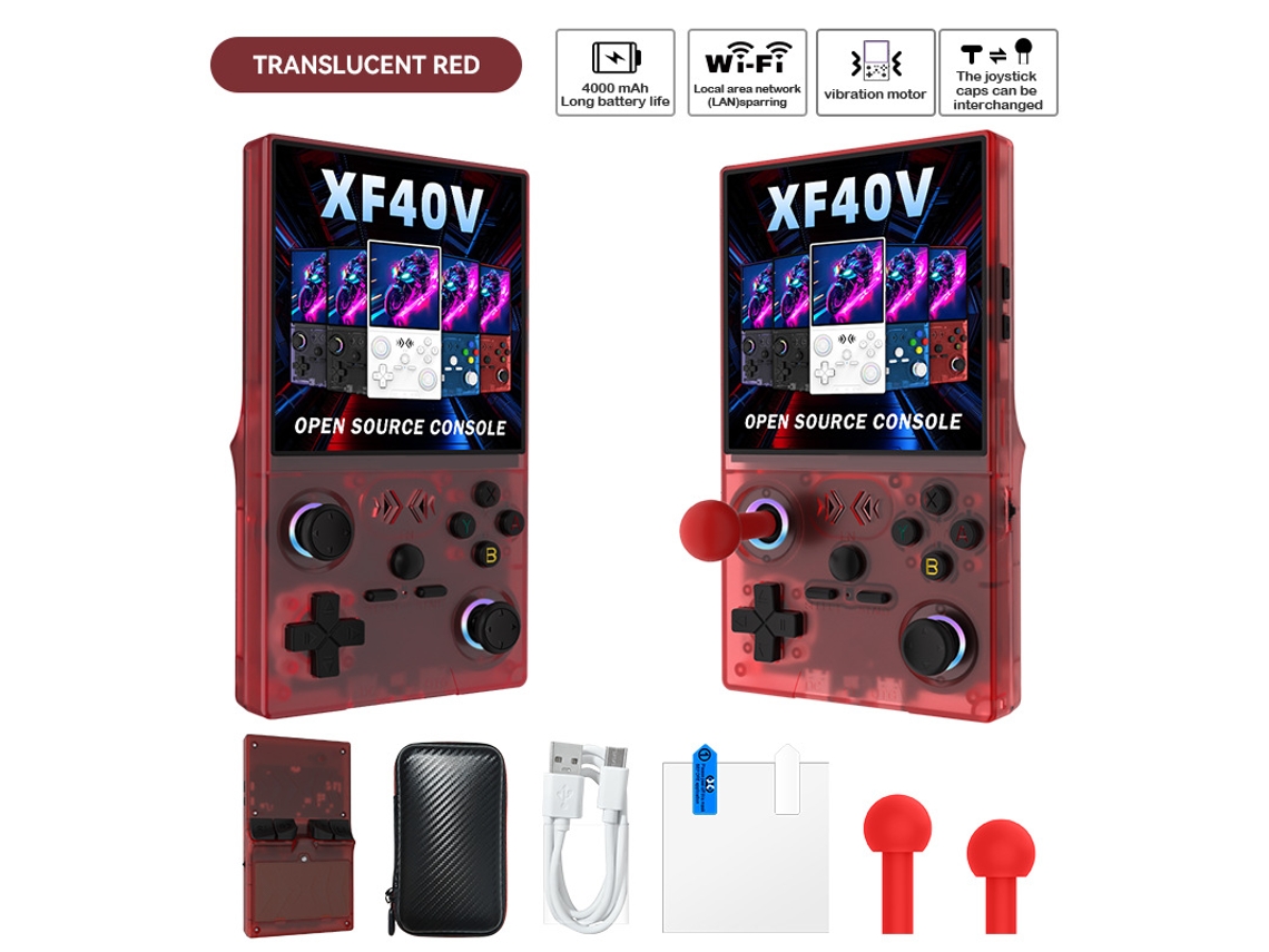 Consola portátil XF40V de código abierto | Pantalla RGB HD de 4", joystick y motor de vibración reemplazables, 64 GB, rojo translúcido XF40V Sfushos