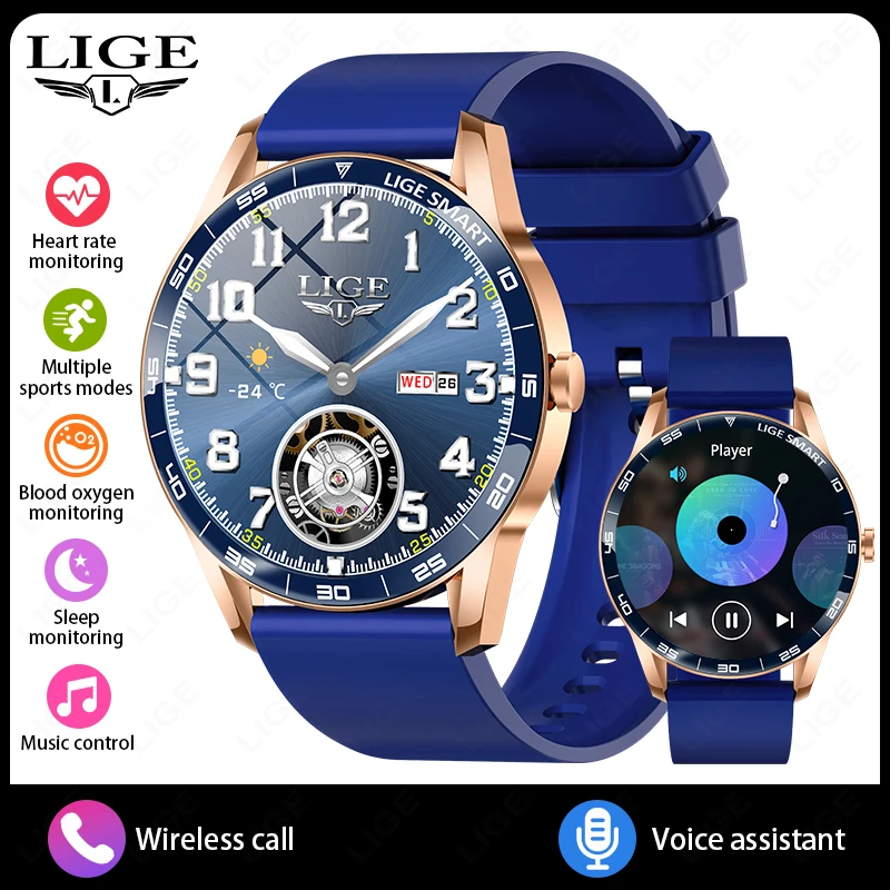 Reloj inteligente (azul) con pantalla táctil completa, resistente al agua IP68, llamadas Bluetooth y monitorización de la salud deportiva.
