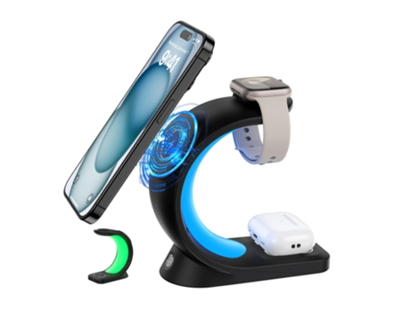 Estación de Carga Multiinalámbrico Luz Nocturna Led Rgb Rápida para iPhone 15/13/14/12 CHRONUS Negro