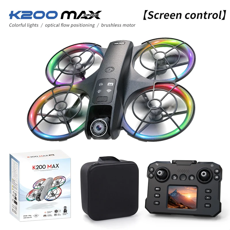 Drone Mini K200 Max Com Câmara Dupla Profissional 4k Hd Fpv E Ecrã De Controlo De 2,4 Polegadas 1 Batería Negro