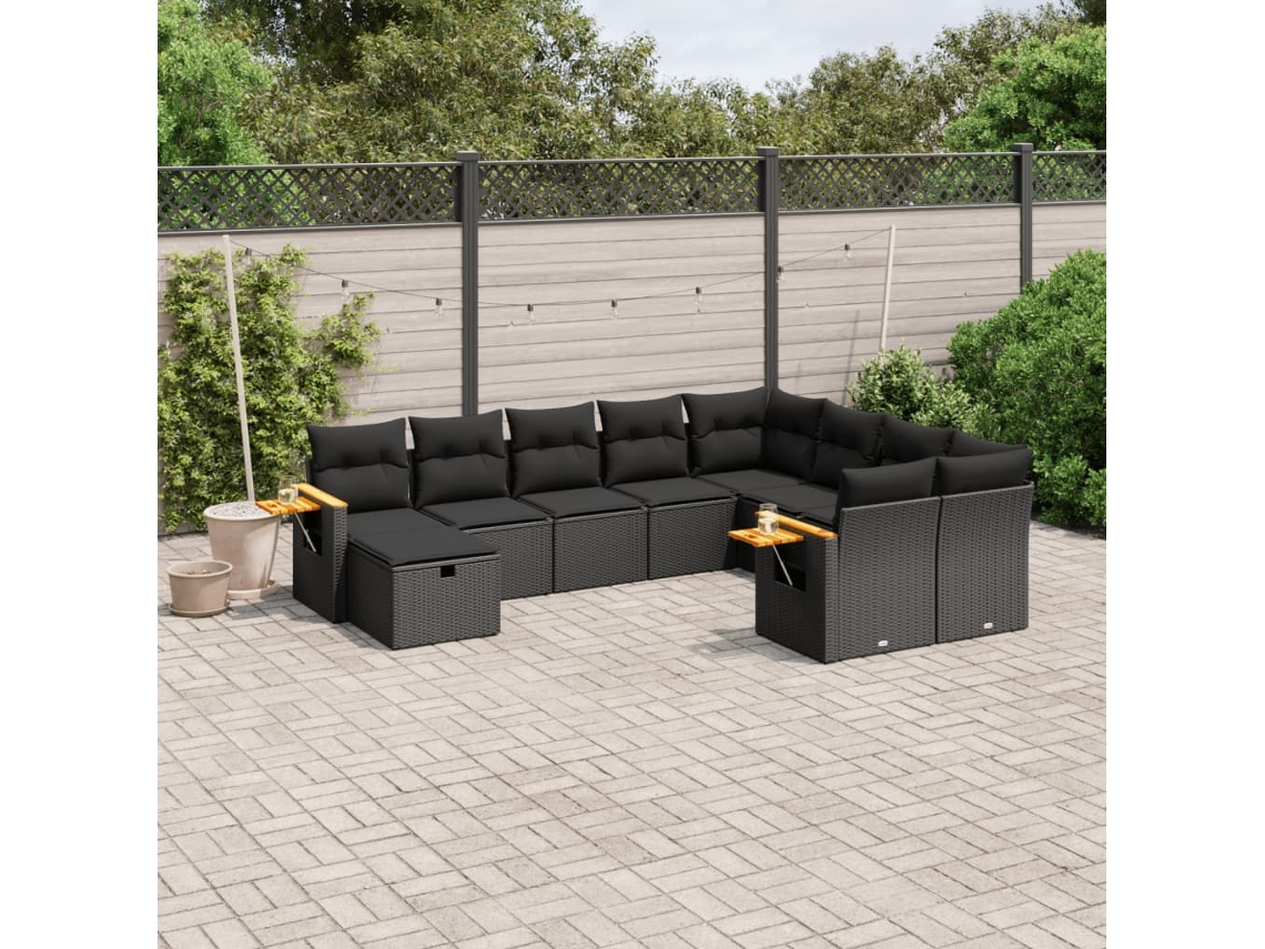 Conjunto de sofá de jardín de 10 piezas con cojines en mimbre sintético negro de DKD Home Decor