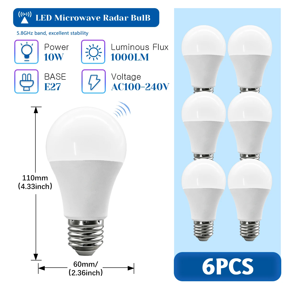 (6 Bombillas, Luz Blanca Fría De 6500k) Bombillas De Radar De Microondas Para Sensores De Movimiento, 10w, 1000lm, Sin Parpadeo.