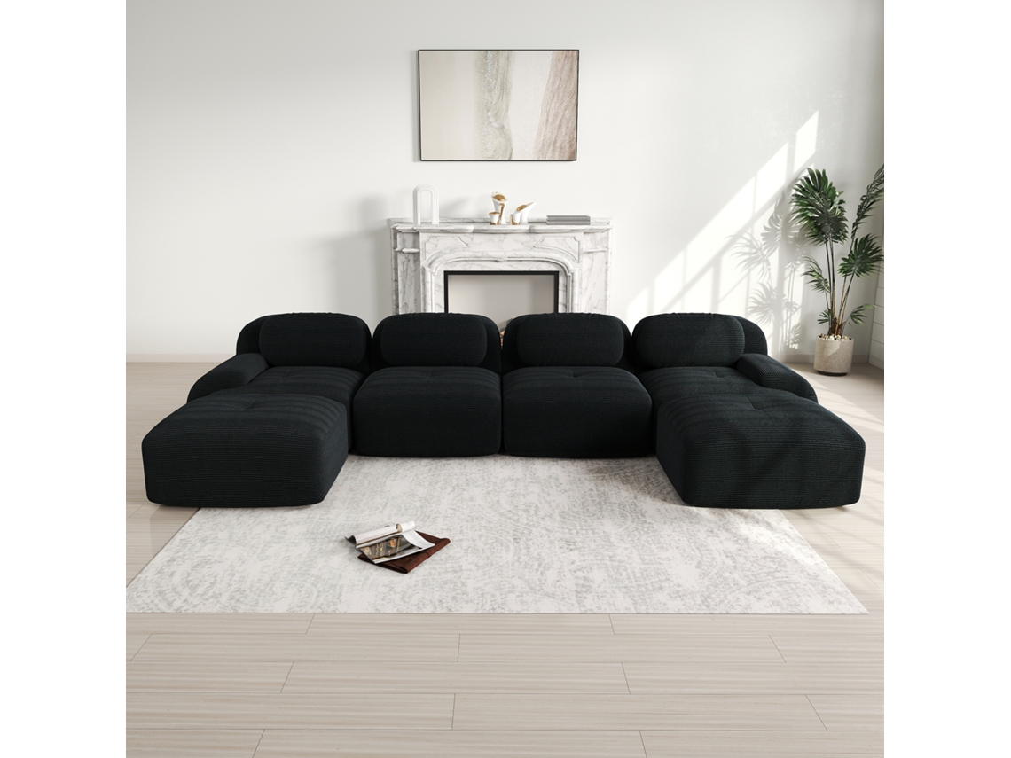 Sofá modular en forma de U, no requiere montaje, pana transpirable, cojines 32D, brazos anchos, ergonómico y apto para mascotas, color negro, Mobrio.