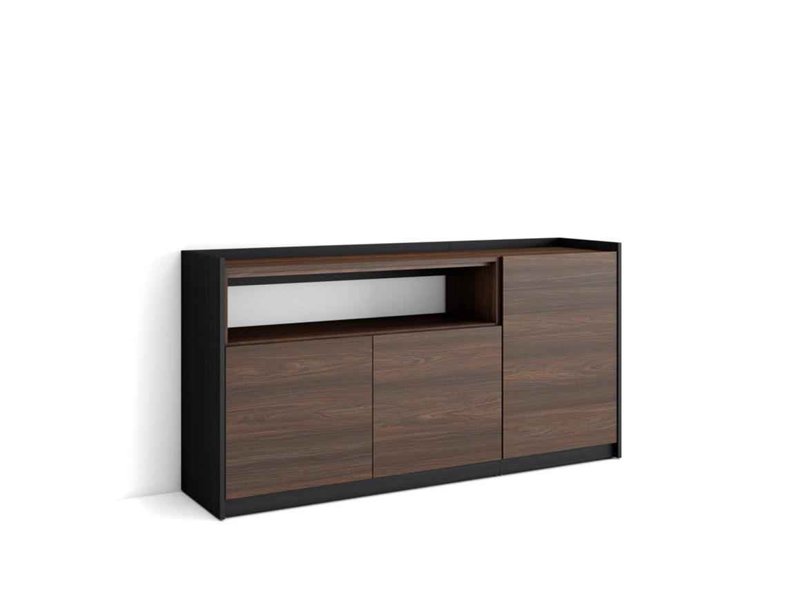 Aparador de comedor, 156x37x80cm, 3 puertas, armario de almacenamiento, roble oscuro y negro.
