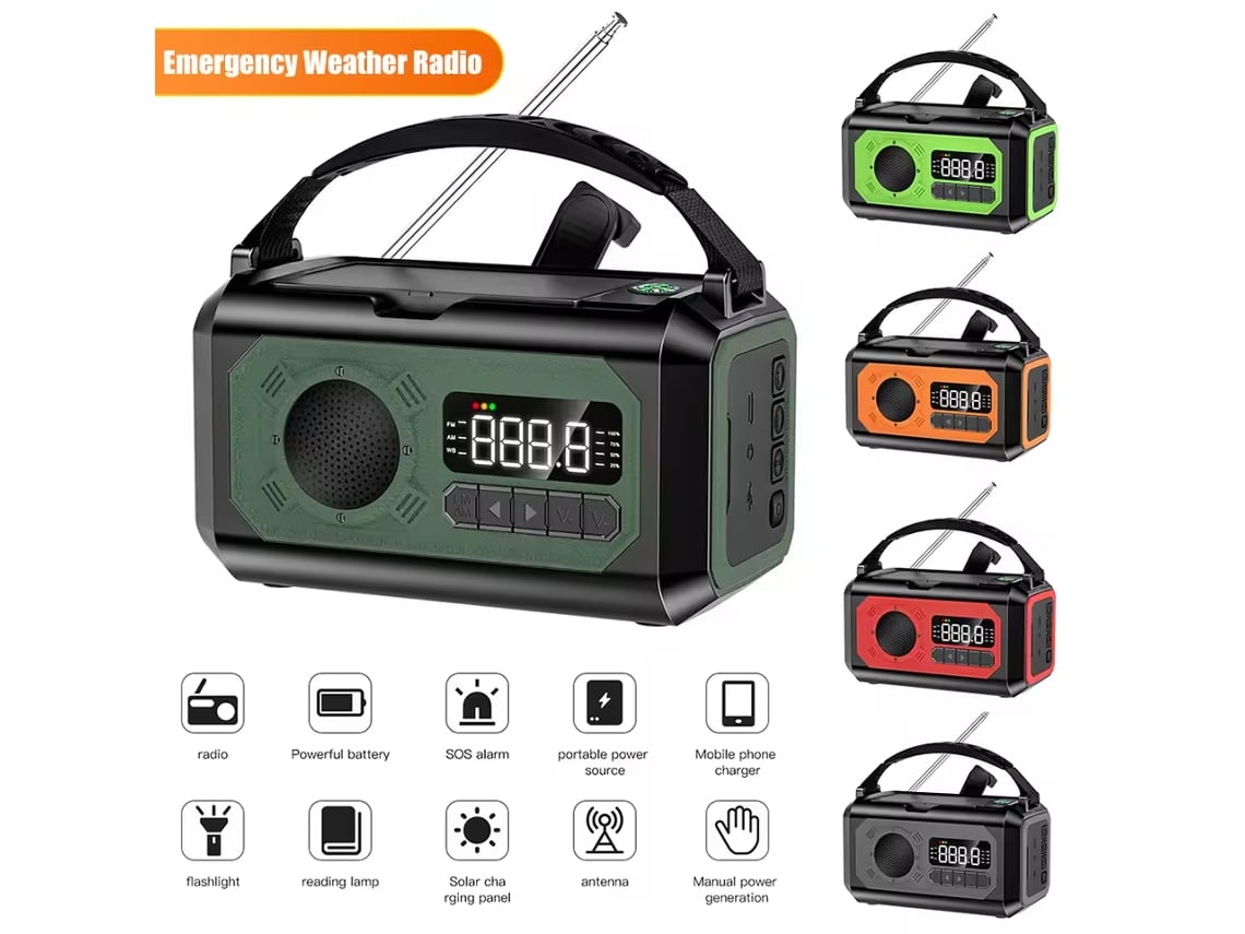 Radio de emergencia portátil Viewleaf con manivela de 15000 mAh, energía solar, linterna LED AM/FM/NOAA y banco de energía para uso en exteriores