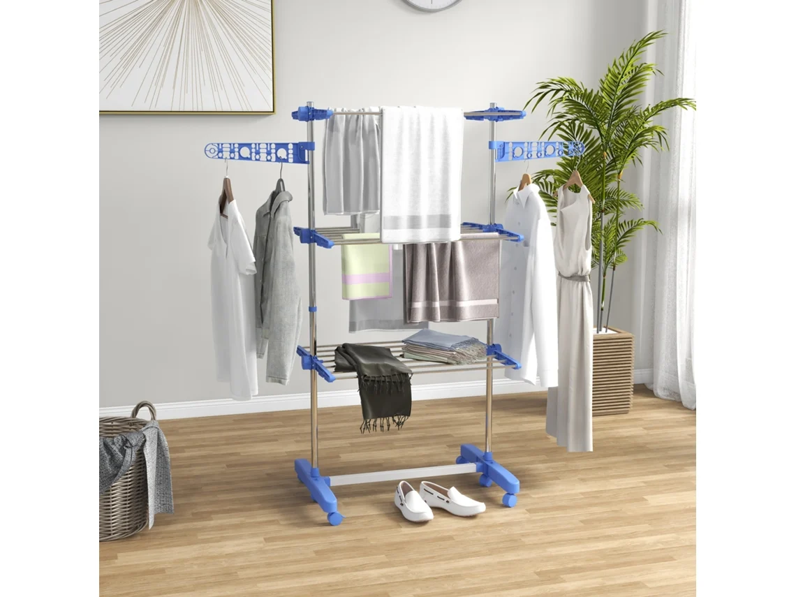 Varal de Roupas Vertical PMM CAPITALI de 3 níveis com 6 rodízios, prateleiras ajustáveis e estrutura em aço inox | PMM CAPITALI